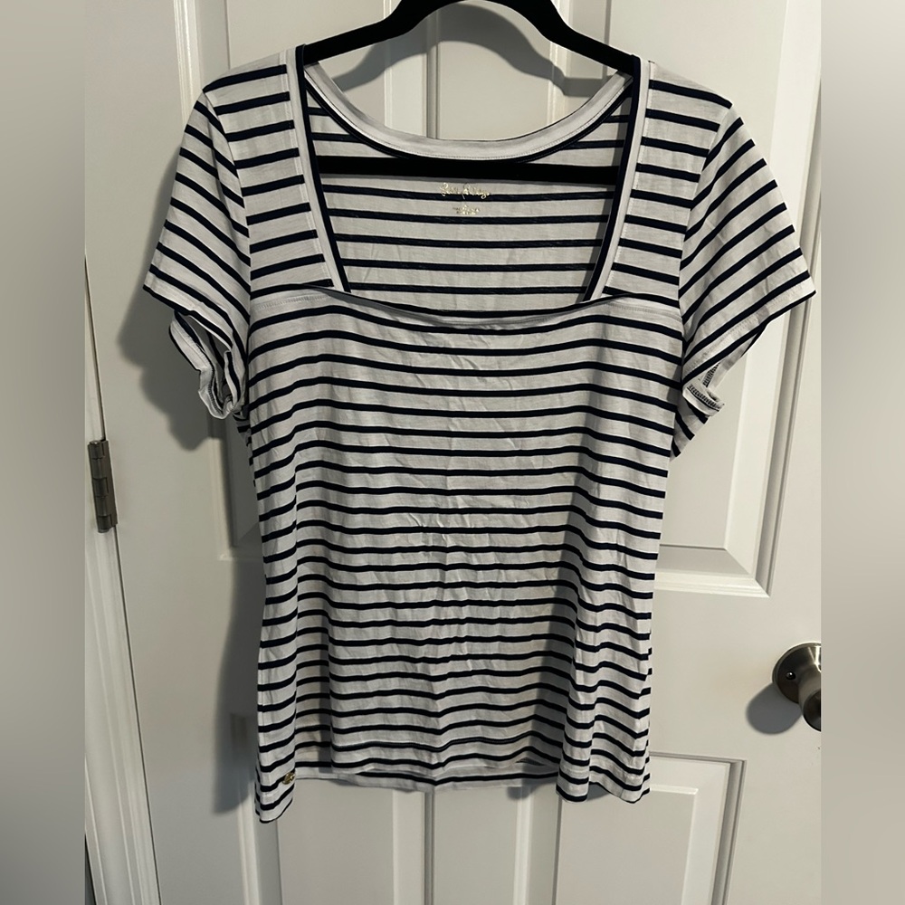 Lilly Pulitzer Square Neck Blue and White Striped Shirt